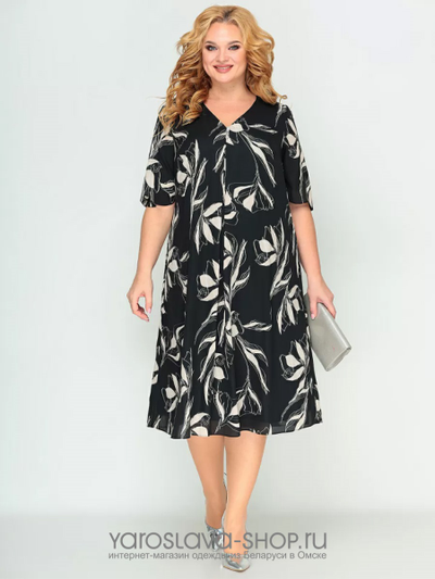Платье из шифона черного цвета с брошью и лиственным принтом