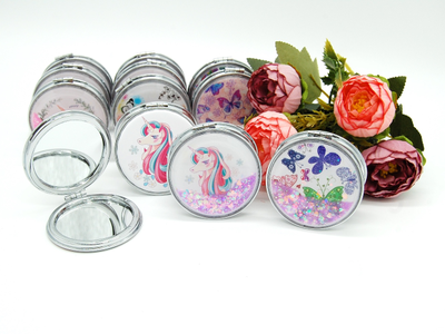 Зеркальце карманное двойное с блестками (ТИП: Бабочки, Единорог)