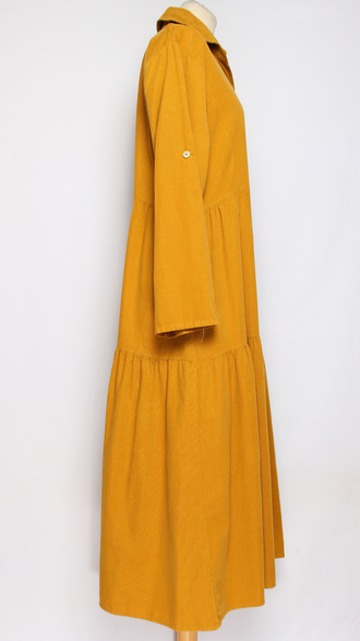 Платье-рубашка Бохо "Вельвет карманы ярусы" горчичное, хаки до р.52