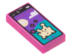 Tile 1 x 2 with Groove with Smartphone with Game with Bright Light Yellow Alien on Dark Turquoise Hill, Sun, Clouds, and Dark Purple Sky Pattern, Magenta (3069bpb1067 / 6416593)