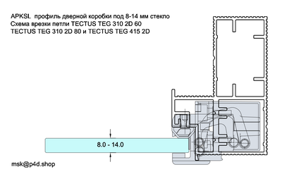 APKSL профиль дверной коробки под цельно стеклянное полотно 8-14 мм. Схема врезки петель