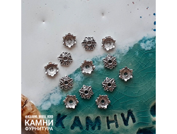 Простые шапочки "Шестилистный цветок" 7,5 мм, цвет античное серебро, цена за набор