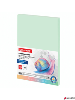 Бумага цветная BRAUBERG, А4, 80 г/м2, 100 л., пастель, зеленая, для офисной техники. 112444