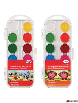 Краски акварельные ГАММА «Мультики NEW», 12 цветов, медовая, пластиковый корпус, европодвес. 191382