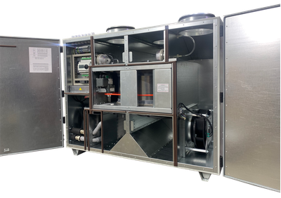 VMPVU-W-RR-500-2-V КОМПАКТНАЯ ПРИТОЧНО-ВЫТЯЖНАЯ  УСТАНОВКА 500 м3/ч, РОТОРНЫЙ РЕКУПЕРАТОР, ВОДЯНОЙ НАГРЕВ, ВЫХЛОП ВВЕРХ, НАПОЛЬНАЯ (модификация 1)