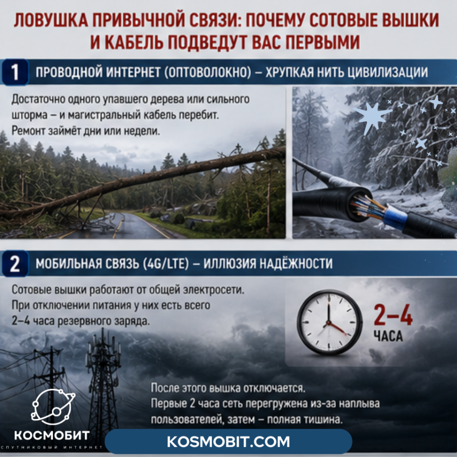 Ловушка привычной связи: почему сотовые вышки и кабель подведут вас первыми