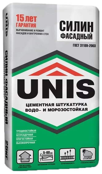 Штукатурка Юнис Силин Фасадный цемент для наружных и внутренних работ 25 кг