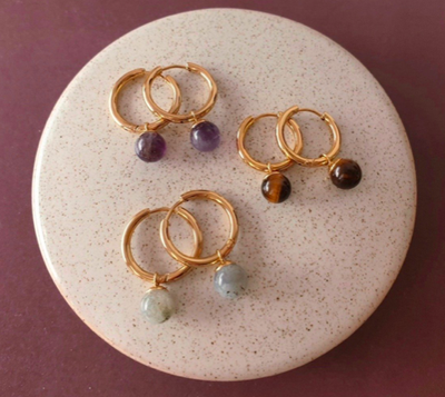 Серьги-кольца с подвеской из тигрового глаза цвет золото A&C (Норвегия)