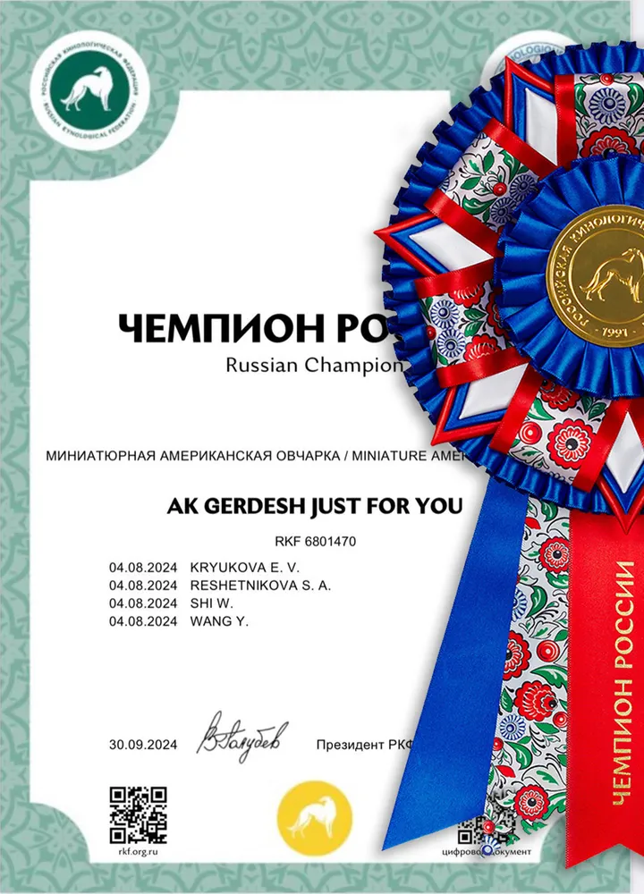 Юта - Чемпион России. Диплом и красивая розетка.