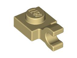 Plate, Modified 1 x 1 with Open O Clip Horizontal Grip, Tan (61252 / 4520947 / 6347292)