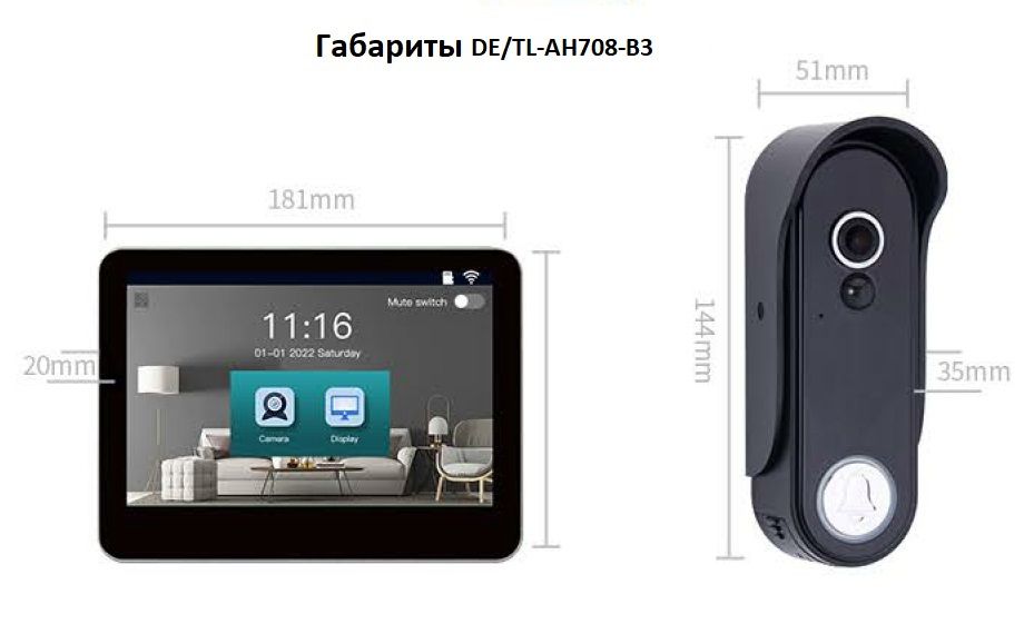DE/TL-AH703-3 Автономный беспроводной надверный комплект (сенссорный монитор 7" + панель вызова)
