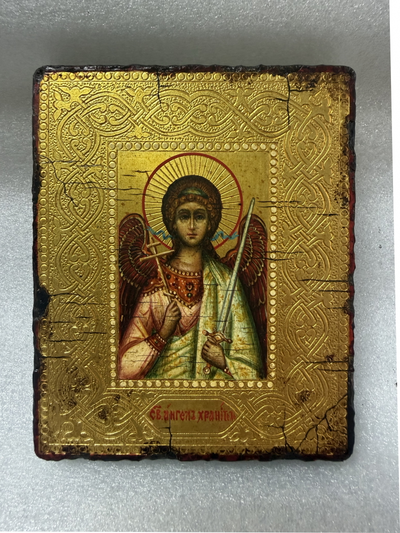 Ангел-Хранитель. Рукописная икона 9х10,5см, стилизованная "под старину"