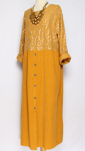 Платье Бохо вельветовое "Кружево пайетки" горчица до р.54