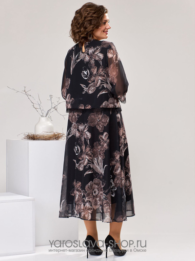 Женское шифоновое платье  в черном цвете с цветочным принтом