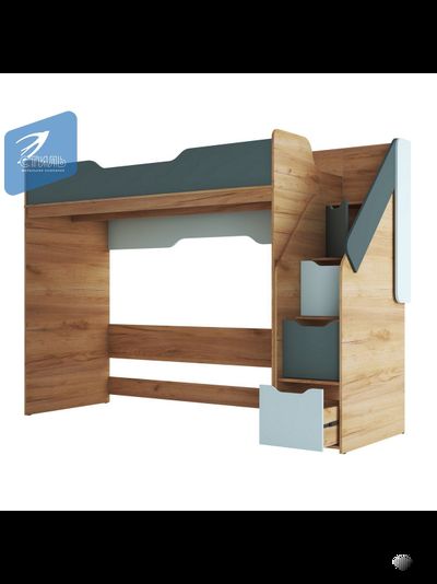 Rich КР-001 Кровать чердак Дуб Крафт золотой - Мята/Сумеречный голубой