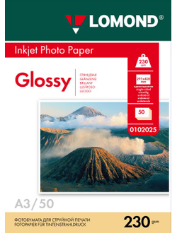 Односторонняя Глянцевая фотобумага Lomond для струйной печати, A3, 230 г/м2, 50 листов.