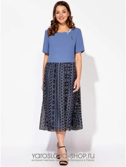 Модель: 1024-3. Платье: лиф голубого цвета, юбка из шифона с черно-серым принтом.