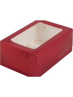 Коробка на 6 капкейков с прямоуг. окном (красная), 235*160*100мм