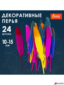 Перья декоративные прямые, 10-15 см, 24 шт., 6 цветов, двухцветные, ассорти, ОСТРОВ СОКРОВИЩ. 661381