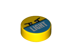 Tile, Round 1 x 1 with Angry Eyes and White 'LIGHT' on Dark Azure Background Pattern, Yellow (98138pb178 / 6326442)