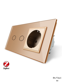 Двухклавишный сенсорный выключатель livolo с wifi и розеткой золотого цвета