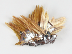 Редкость! Рутил свободного роста, сростки "звезды" золотистых игольчатых кристаллов на кристаллах гематита, Бразилия (28*20*8 мм, 2,5 г) №37917