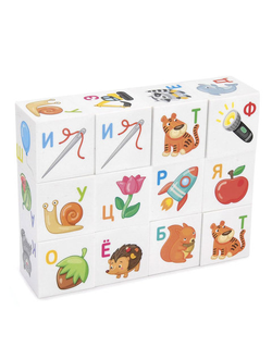 Кубики пластиковые Для умников "Азбука" 12 шт., 4х4х4 см, буквы/картинки на белых кубиках,10 КОР, 712
