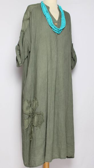 ПЛАТЬЕ БОХО ЛЬНЯНОЕ "СТОЙКА ЗАЩИП КРУЖЕВО" хаки до р.58