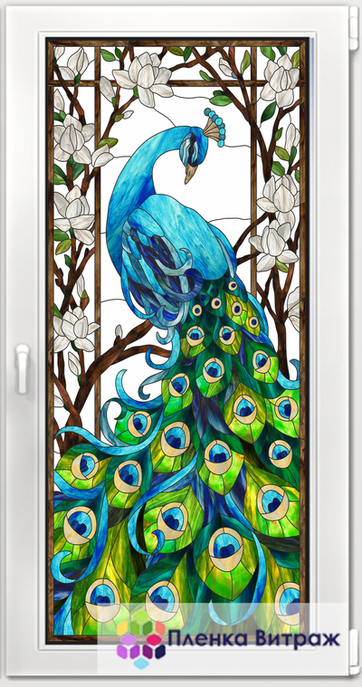 Витражная пленка, витражная пленка самоклеющаяся под заказ,пленочный витраж флора с павлином