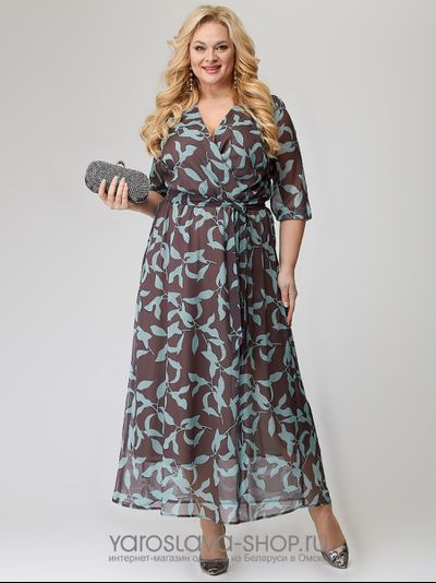 Модель: А-3832-1. Шифоновое платье коричневое с растительным орнаментом.
