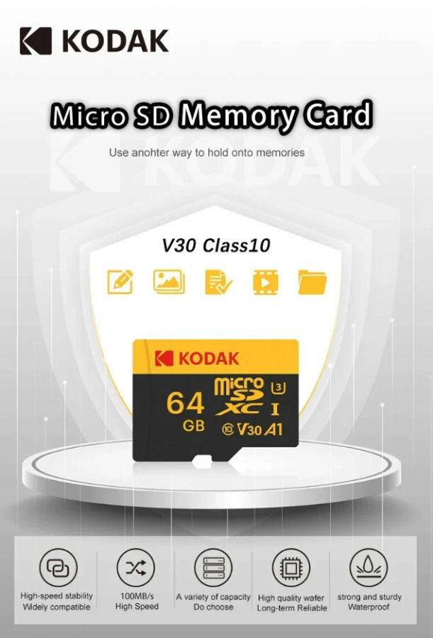 Карта памяти Kodak Micro SD, класс 10, UHS-1 U3 V30 A1 на 64 ГБ, чтение 100 МБ/с, запись данных 90 М