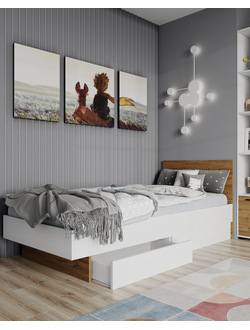 Кровать с ящиками "Сканди" 0,9м Белый/ Вотан ЛДСП (Гросс)