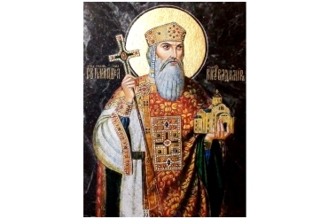 Икона Святой князь Владимир 200х300мм, цельная пластина змеевик, ручная гравировка и роспись, сусальное золото