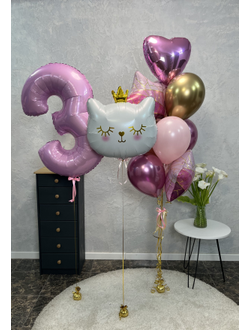 Набор шаров на 3 годика с кошечкой в короне