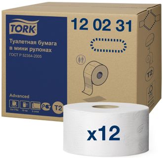 Бумага туалетная для диспенсера Tork T2 Advanced mini 2сл бел втор170м 12рул 120231