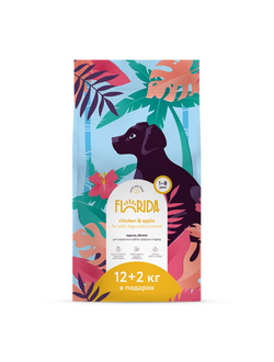 Florida сухой корм для взрослых собак средних пород с курицей и яблоком 12+2 кг