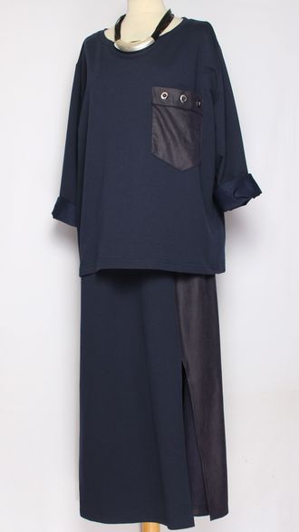 КОСТЮМ ДЖЕМПЕР И ЮБКА "ТРИКОТАЖ КОМБИНИРОВАННЫЙ" синий р.54