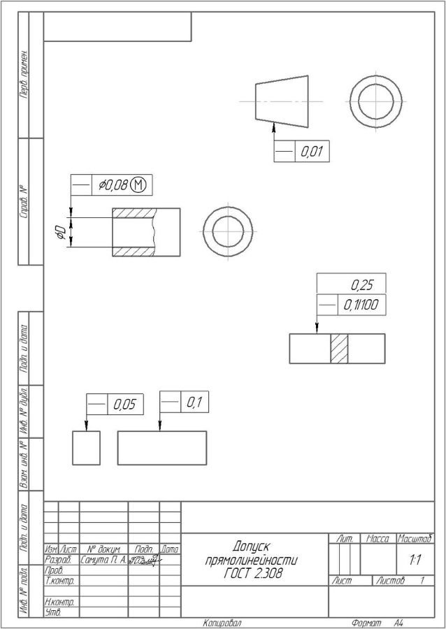 Технический чертёж с примерами применения допуска прямолинейности по стандарту ГОСТ 2.308. Изображен