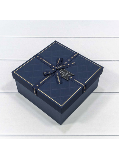 Коробка подарочная с бантом и лентой "Best wishes for you" (тем. синяя), 15*15*6,5см