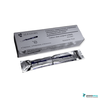 Скальпель канцелярский, макетный нож, не стерильный №21, Хуаюин Медикал Инструментс Ко., Лтд, Китай (брюшистый, углеродистая сталь, 10 шт.в уп.