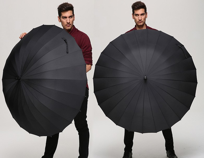 Зонт-трость 24 спицы Черный, кожаная ручка + чехол