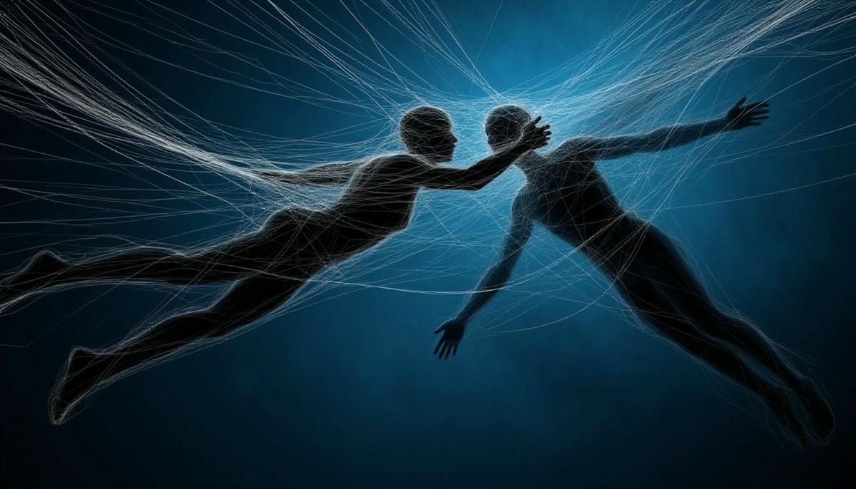 Символическое изображение рук, связанных невидимыми нитями с падающей фигурой.