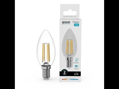 Лампа светодиодная Gauss Elementary Filament Свеча Е14 12W(750lm) 4100К 98х35 прозр, стекло, нитевид 32122