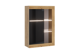 Гостиная ПРАГА - Витрина универсальная Дуб Вотан/Черный глянец