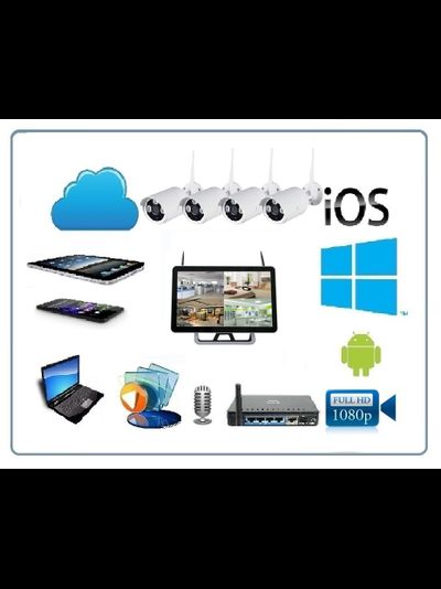 Комплект уличного WiFi/LAN  видеонаблюдения, монитор 15" с DVR и 4 беспроводные видеокамеры, Full HD