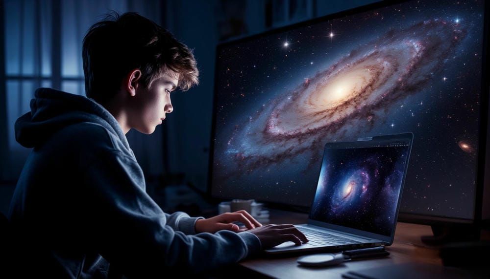 Концептуальное изображение подростка, смотрящего в экран, внутри которого виден космос.