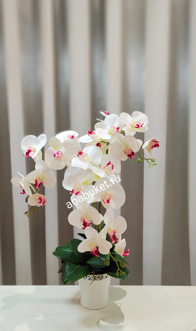 Композиция из искусственных цветов, Орхидея белая с розовым кашпо малое  № ОР006