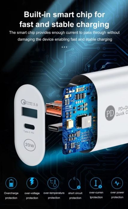 PD+QC3.0 Quick charger 20W Блок питания 2 порта USB-typoC и USB-A, 5V/2А (черный)
