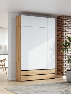 Абрау Шкаф четырехстворчатый с ящиками и антресолью Дуб золотой/Белый