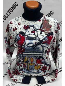 Свитер женский Снегири, рябина и свеча